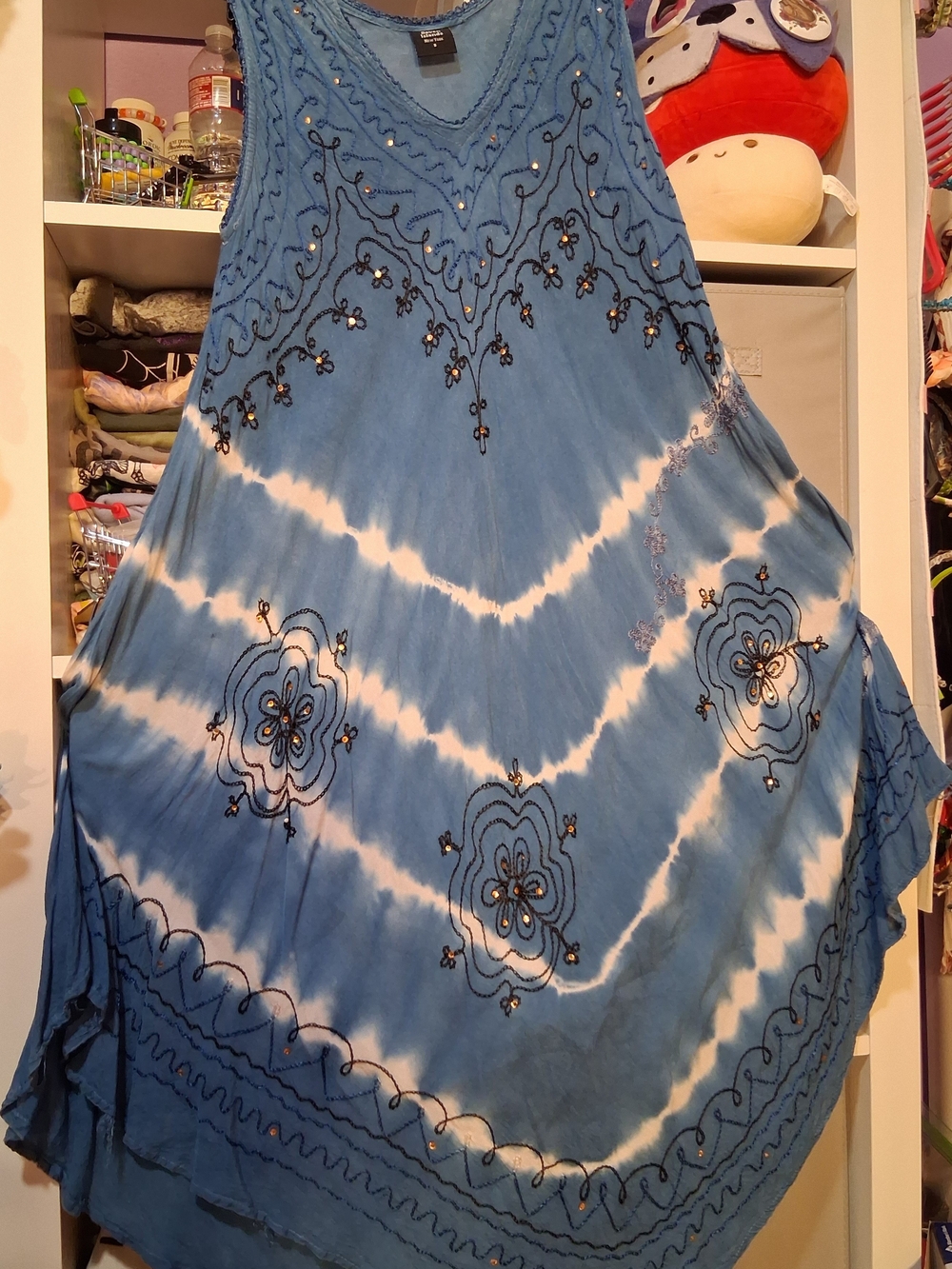 Boho Tie-Dye Embroidered Maxi Dress - Blue